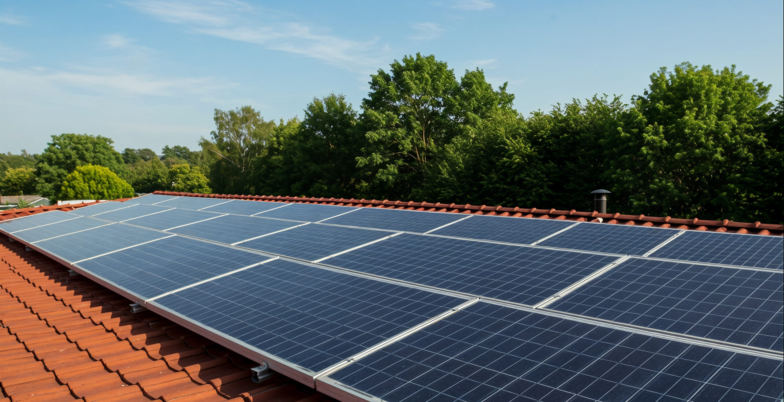 paneles solares en un techo de azulejos rojos con un cielo azul claro en el fondo